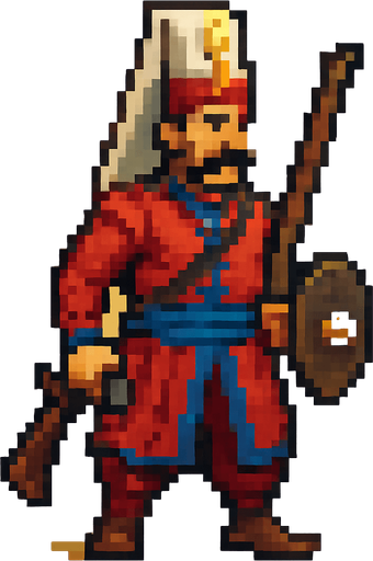 pixel detailed A Janissary of the Ottoman Empire.
In-Game asset.  2d.  High contrast.  No shadows
