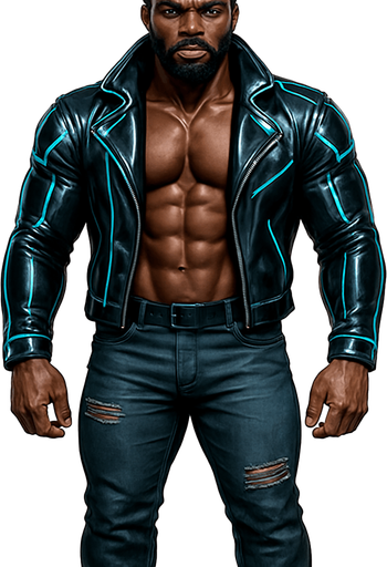 man Cyberpunk manga, African American hunk, shiny black leather biker jacket longsleeves shirtless muscles pexs abs, dreadlocks topknot updo, jeans combat boots, Background removed, "Full-body character, entirely in frame, no cropping of face, head, or feet" "Complete character visible, from hair to boots, fully centered in the image" "Entire character, including face and boots, fully within the frame" Character fully contained within a square frame, no edges cut off fashion model idle pose facing forward