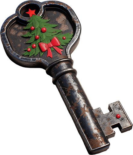a simple dirty, dark and eerie Christmas bathroom key.
Single Game Texture. In-Game asset. 2d. Blank background. High contrast. No shadows.