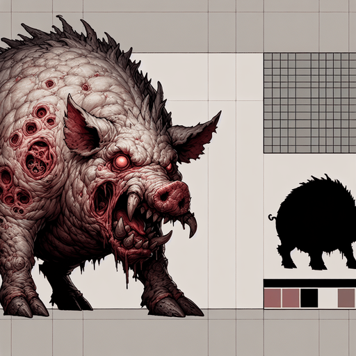 monster pig horrorific.
Single Game Texture. In-Game asset. 2d. Blank background. High contrast. No shadows.