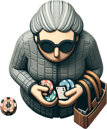 Top down image of an old lady carrying poker tokens wearing sunglasses. Single Game Texture. In-Game asset. 2d. Blank background. High contrast. No shadows.