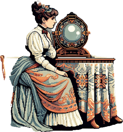 Madam curio sits in front of you. She is an Edwardian era fortune teller. She is seen from the waist up in front of an ornate table.. Single Game Texture. In-Game asset. 2d. Blank background. High contrast. No shadows. Full color pixel art..
Single Game Texture. In-Game asset. 2d. Blank background. High contrast. No shadows.