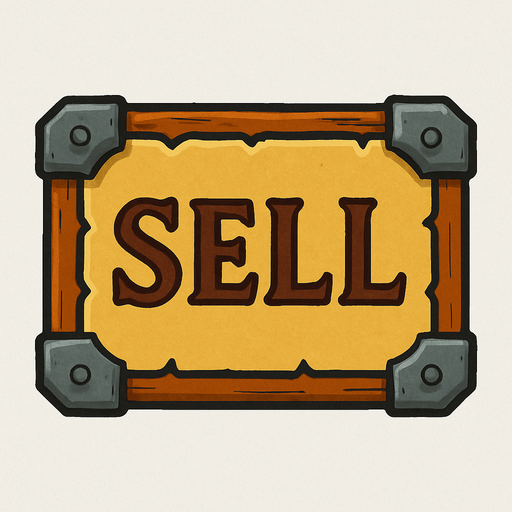 ortaçağ temalı buton üstünde SELL yazıyor.
In-Game asset.  2d.  High contrast.  No shadows