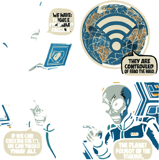 "Comic book style 4 panels of grey alien commander receiving transmission on holographic display showing Earth's internet infrastructure map,  text bubbles saying ' we have caught the earthlings lacking'  'they are controlled by this WiFi signal' 'if we can control the WiFi, we can enslave them all' 'the planet is ours for the taking' sci-fi comic book technology designs".
In-Game asset.  2d.  High contrast.  No shadows