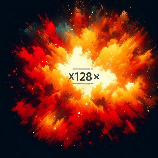 爆炸，里面有“X128”的字样,暖色调.
Single Game Texture. In-Game asset. 2d. Blank background. High contrast. No shadows.