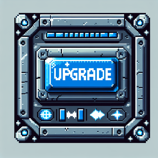 Pixelart. A blue metallic rectangular interface button from a spaceship with the lettering 'UPGRADE' on it..
Single Game Texture. In-Game asset. 2d. Blank background. High contrast. No shadows.