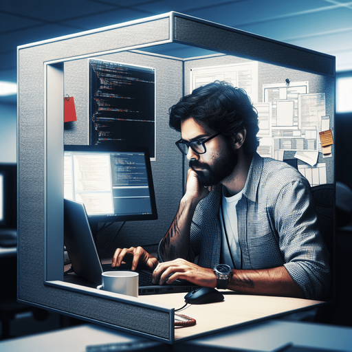 a developer sitting on his laptop in his cubicle, typing on the keyboard.
Single Game Texture.  In-Game asset.  2d.  Blank background.  High contrast.  No shadows