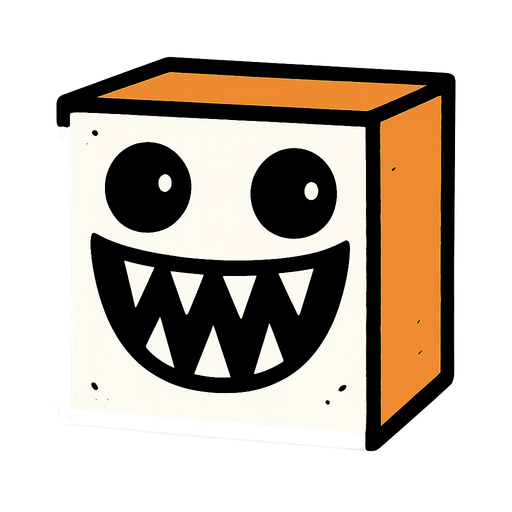 square white cube with 2 eyes and spike smily teeths inside

In-Game asset.  2d.  High contrast.  No shadows
