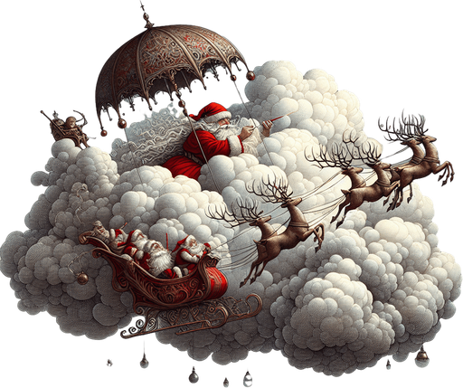 a pergament of Santa hiding with his flying sleigh and reindeers in a cloud. There is the text "In clouds you are protected from enemy attention."
