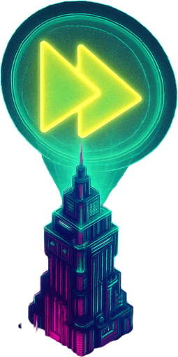 Top down isometric neon cyberpunk futuristic massive tower spire 3D fast forward symbol projection over top, agility, rapidness symbol yellows pinks greens vaporwave glowing hologram over top