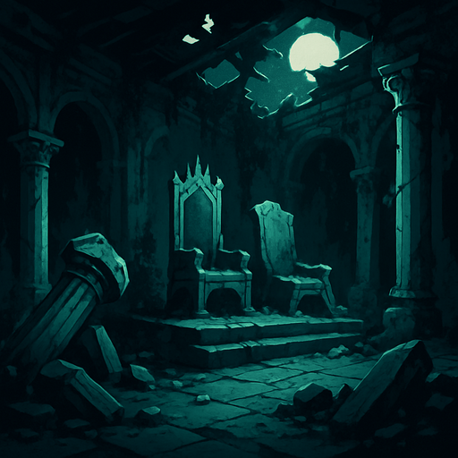A crumbling forgotten palace with fallen pillars, moss overtaking marble, broken thrones and moonlight through shattered roof, realistic.
In-Game asset.  2d.  High contrast.  No shadows