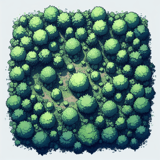 top down forest clearing with small bushes..
Single Game Texture. In-Game asset. 2d. Blank background. High contrast. No shadows.