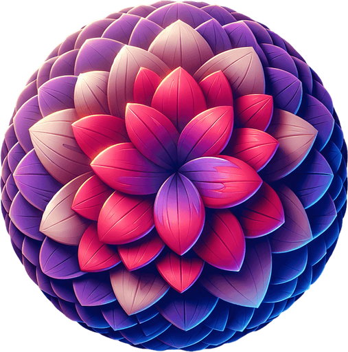 A round purple and red flower. Top down view.
Single Game Texture. In-Game asset. 2d. Blank background. High contrast. No shadows.
