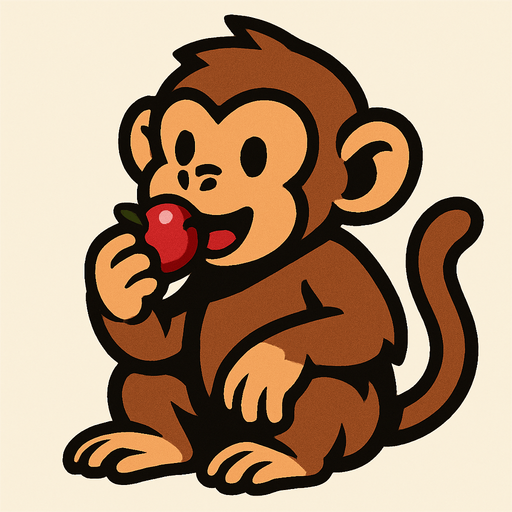 A brown monkey eating a berry.
In-Game asset.  2d.  High contrast.  No shadows
