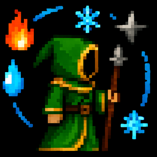 Same wizard but looking left and with other elements and in a green cloak
