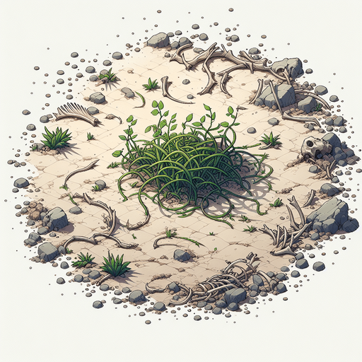 In a wasteland, there are some green plants and some animal bones around..
Single Game Texture. In-Game asset. 2d. Blank background. High contrast. No shadows.