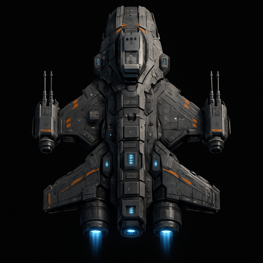 Uzay temalı Savaş Gemisi, gerçekçi, yazısız üstten görünüm. 
In-Game asset.  High contrast.  No shadows