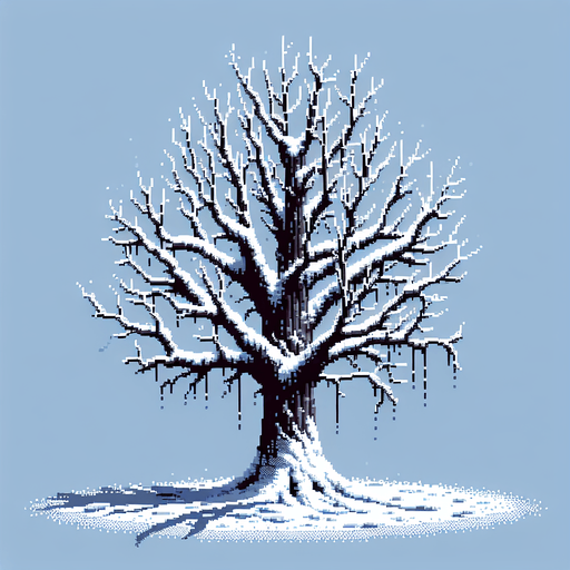 pixel art of a dead tree covered in snow. Single Game Texture. In-Game asset. 2d. Blank background. High contrast. No shadows.
