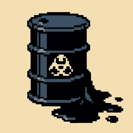 un barril derramando petroleo negro hecho con pixeles In-Game asset.  2d.  High contrast.  No shadows
