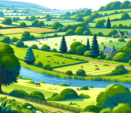 the fields of Britain, cartoon style.
Single Game Texture. In-Game asset. 2d. Blank background. High contrast. No shadows.