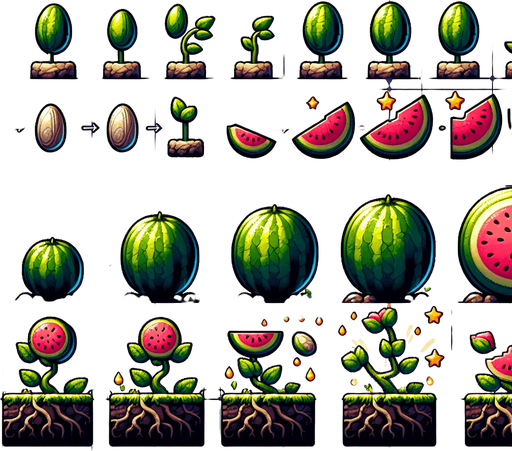 A spritesheet showing a watermelon plant in various stages of germantion, from seed over sapling and to full grown plant, and then the ripe watemelon. The sprites should be laid out in a rectangular grid with blank space between them.. Single Game Texture. In-Game asset. 2d. Blank background. High contrast. No shadows..
Single Game Texture. In-Game asset. 2d. Blank background. High contrast. No shadows.