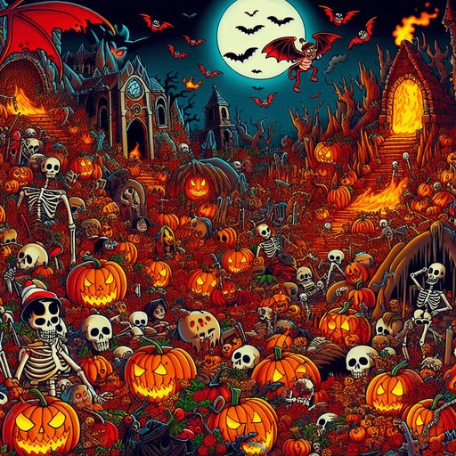 Generate a high quality cartoon background Halloween image on a black canvas similar to the format of where is waldo with a hellish environment.
Single Game Texture. In-Game asset. 2d. Blank background. High contrast. No shadows.