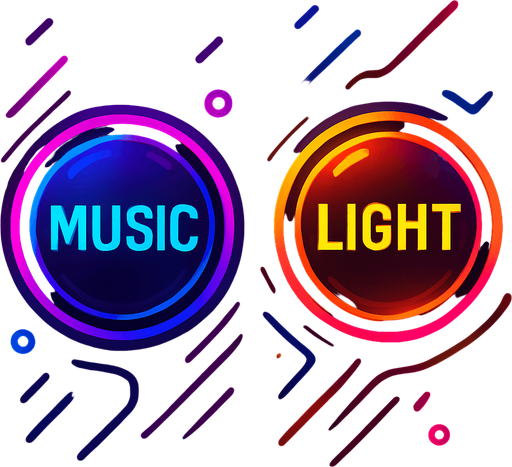 Setting buttons shapes as sphere or circle & have text 'Music' & another have text 'Light'. HD colors. cyberpunk. Abstract. Different colors.
In-Game asset.  2d.  High contrast.  No shadows