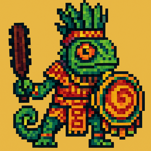 Generame un guerrero azteca con patrones, estilo pixelar, ademas sera un Camaleón de Cundinamarcahumanoide.
In-Game asset.  2d.  High contrast.  No shadows