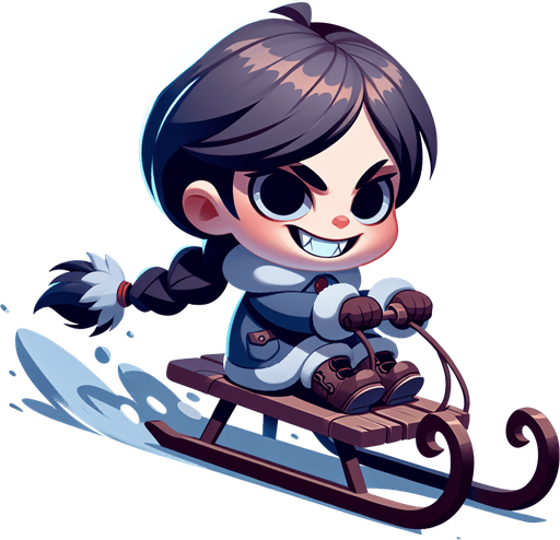Little girl on a sledge, cartoon, winter, sideview, evil, winter boots Single Game Texture. In-Game asset. 2d. Blank background. High contrast. No shadows.