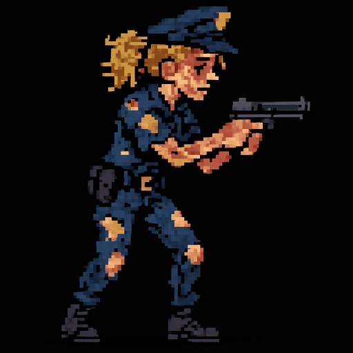 A side-view, animated blonde woman in a police uniform holding a gun. She looks worn out, and her clothes are torn..
In-Game asset.  2d.  High contrast.  No shadows. pixel art