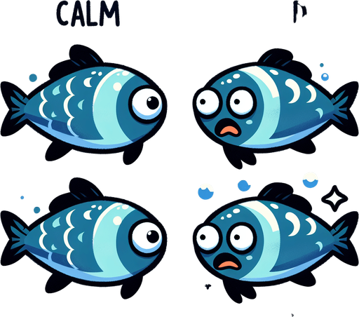 Две версии одной рыбы одна не испуганная другая испуганная 
Анимационом стиле.
Single Game Texture. In-Game asset. 2d. Blank background. High contrast. No shadows.