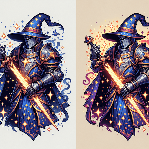 Heroic wizard knight wearing knight armor with a star pattern and wielding a sword..
Single Game Texture. In-Game asset. 2d. Blank background. High contrast. No shadows.