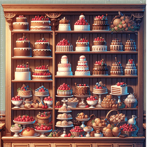 A bakery wall with shelves full of cakes, toppings, berries. Rich game illustration style..
Single Game Texture. In-Game asset. 2d. Blank background. High contrast. No shadows.