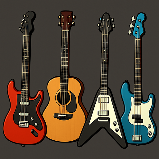 Pack of different guitars.
In-Game asset.  High contrast.  No shadows. 3D