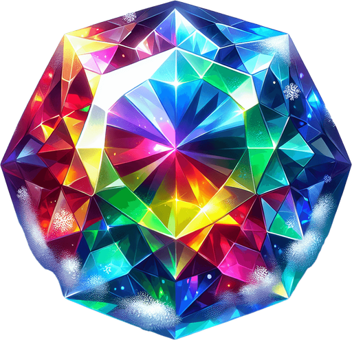 a precious colorful glowing gem with snow and ice on it.
Single Game Texture. In-Game asset. 2d. Blank background. High contrast. No shadows.