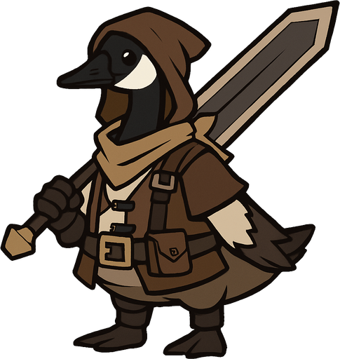 Canadian Goose in treasure hoarder outfit with claymore.
In-Game asset.  2d.  High contrast.  No shadows