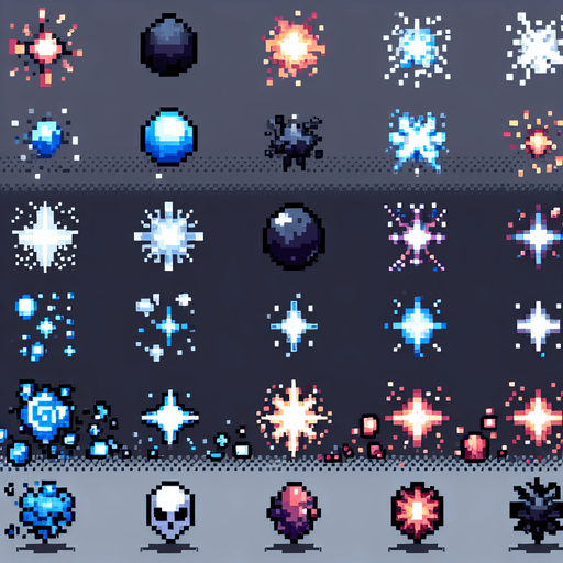 pixel art particles.
Single Game Texture. In-Game asset. 2d. Blank background. High contrast. No shadows.
