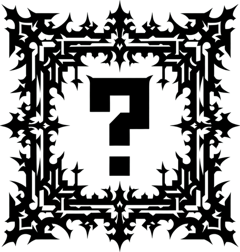 black gothic frame with a question mark inside silhouette.
Single Game Texture. In-Game asset. 2d. Blank background. High contrast. No shadows.