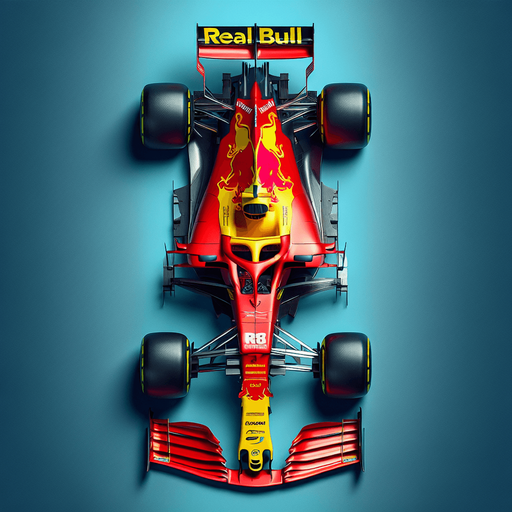 Photorealistic RedBull f1 car top view. 
Replace RedBull text to RealBull text.