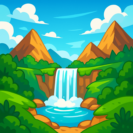 amazing background with sky, waterfall, mountains and more. (It is going to be the game background).
In-Game asset.  2d.  High contrast.  No shadows