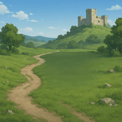 Gerçek hayata yakın bir menü arka planı istiyorum. Yeşil doğa, çimenlikler ve taş yollar olsun. Uzakta bir kale ya da yapı görünsün. Gökyüzü mavi ve açık olsun, hava gündüz gibi. Renkler doğal tonlarda olsun, altın veya süslü detaylar olmasın. Arka plan sade ve huzurlu bir ortam sunsun, ortası menü için boş ve hafif koyu olabilir..
In-Game asset.  2d.  High contrast.  No shadows