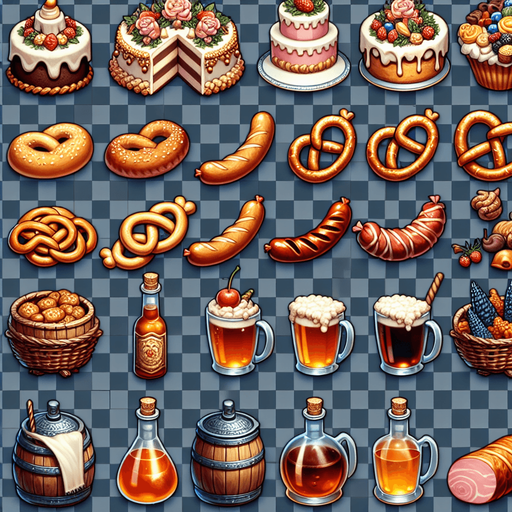 A spritesheet full of different delicious medieval cakes, snacks, pretzels, sausages, hams, and beverages..
Single Game Texture. In-Game asset. 2d. Blank background. High contrast. No shadows.