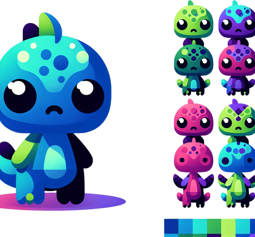 tatlış yaratık mavi yeşil mor pembe renklerinde.
Single Game Texture.  In-Game asset.  2d.  Blank background.  High contrast.  No shadows