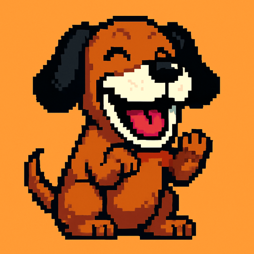 pixart brown hunting dog with black ears and white mouth laughing.
In-Game asset.  2d.  High contrast.  No shadows