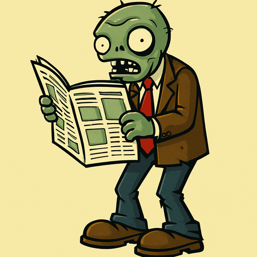 zombie leyendo un periodico con traje en cuerpo completo de pvz.
In-Game asset.  2d.  High contrast.  No shadows