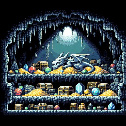 artistic background of the inside the depths of an unlit dark cave filled with a variety of treasures, and a dragon sleeping over a massive pile of treasure chests at its heart. pixelated. 8-bit.
Single Game Texture. In-Game asset. 2d. Blank background. High contrast. No shadows.