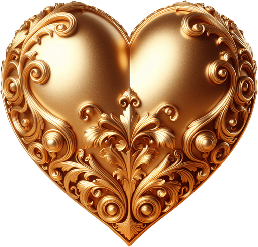 Big shining gold heart verly slightly ornate.
face view.