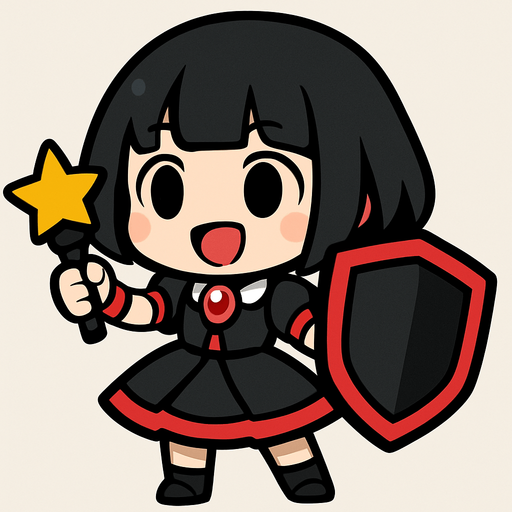 Esta chica tiene un diseño de estilo chibi anime, lo que le da un aspecto adorable y expresivo. Aquí va una descripción detallada:

🔸 Apariencia general:
Es una niña pequeña de proporciones caricaturescas, con cabeza grande y cuerpo diminuto, típica del estilo chibi.

🔸 Cabello:
Cabello negro, corto, llega hasta sus hombros. Estilo honguito.

🔸 Ropa:
Viste un traje colorido similar al de una idol japonesa:

Vestido negro con detalles rojos

Gema roja en el pecho

Falda con vuelo, color negro y una línea roja en el final de la falda

🔸 Accesorios:

Lleva un micrófono con forma de estrella en una mano, lo que sugiere que es una cantante o idol.

En la otra mano, sostiene un escudo de color negro con detalles rojos del tamaño de su cuerpo, lo cual le da un toque de una escudera alegre
🔸 Expresión:
Tiene una expresión alegre, decidida y enérgica, como si estuviera lista para una canción. Tiene la boca abierta de felicidad, simulando que canta feliz para sus fans.
In-Game asset.  2d.  High contrast.  No shadows