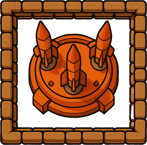 Top view of an Orange defense Military tower Rockets, in the desert, the image has a square border outlined by military defense Brown sandbags.
In-Game asset.  2d.  High contrast.  No shadows