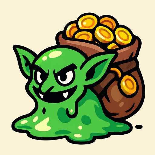a goblin slime which have backpack fully coins.
In-Game asset.  2d.  High contrast.  No shadows
